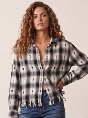 Lucky Brand fringed, raw hem 100 % Cotton button down shirt.